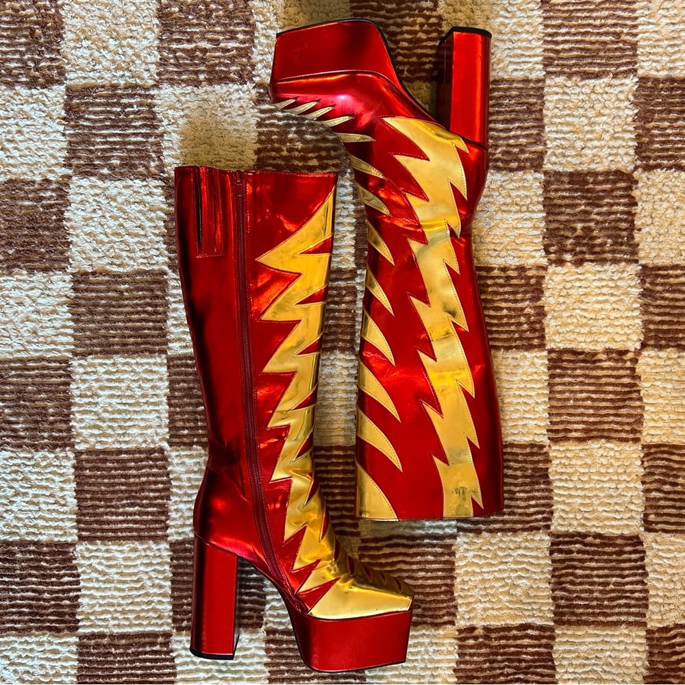 Jeffrey Campbell Kiss This Knee High 70s Style Platform Boot Metallic Red Gold - Picture 2 of 10